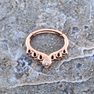 Beautiful Rose Gold Septum Clicker, Daith Clicker Ring Jewelry set with White Swarovski cz Rose Gold PVD over 316L Surgical Steel 16g - 7mm