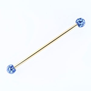 Gold Industrial Cartilage Helix Barbell - 14kt PVD Over 316L Surgical Steel With Blue 4mm Swarovski Crystals Balls  14g - 33,35,37 and 39mm