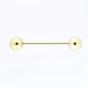 Gold Tongue Ring Barbell - 14kt PVD Over 316L Surgical Steel With 5mm Balls  14g - 14mm - 16mm