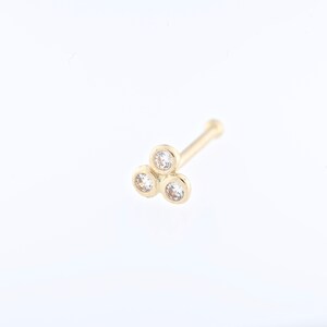 Könnte beinhalten: Goldener Nasenring mit drei kleinen, klaren, runden Steinen, die in einer dreieckigen Form gefasst sind.