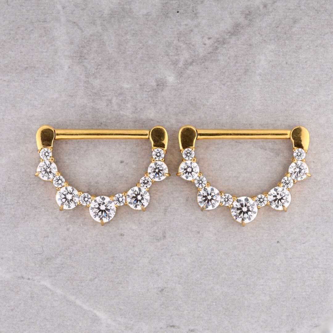Gold Nipple Clicker Ring , Set With Swarovski Cz 14kt PVD Over Surgical