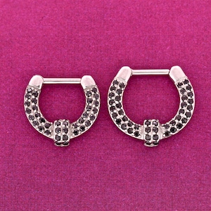 Septum Clicker, Daith Piercing Ring Set With Black Cz  16g - 6mm or 8mm