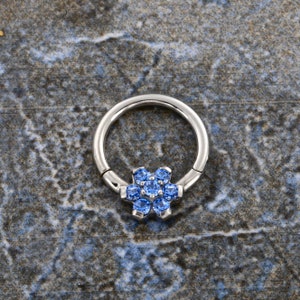 Flower Septum Clicker, Daith Piercing Ring , Sapphire Blue Swarovski Cz - 316L Surgical Steel - 16g - 8mm