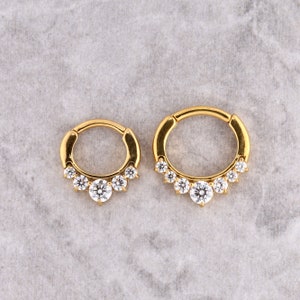 Gold Daith Piercing, Septum Hinged Clicker , Set with Swarovski Cz Gold PVD Over Surgical Steel 16G - 6mm or 8mm