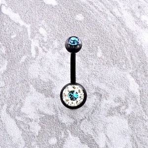 Zestaw biżuterii do pępka z podwójnym kamieniem szlachetnym, cyrkonią Swarovski w kolorze akwamaryny i bieli, czarny PVD na stali chirurgicznej 316L, 14G, 8 mm - 10 mm