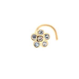14K Solid Gold Bezel Set Flower Aqua Blue and White Swarovski Cz Nose Ring Stud - 20G - 6.5 inside diameter