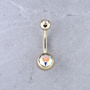 Gold Belly Ring, Navel Jewelry Set With Aurora Borealis Swarovski cz..10k Gold PVD Over 316L Surgical Steel 14g - 8mm - 10mm