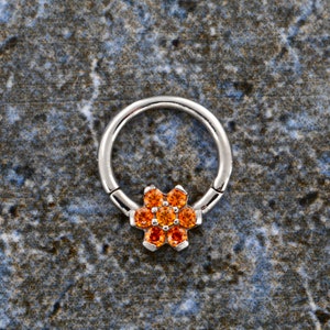 Flower Septum Clicker, Daith Piercing Ring , Orange Swarovski Cz - 316L Surgical Steel - 16g - 8mm