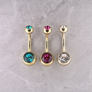 Gold Belly Ring with Swarovski Crystals, Surgical Steel Navel Jewelry 14g