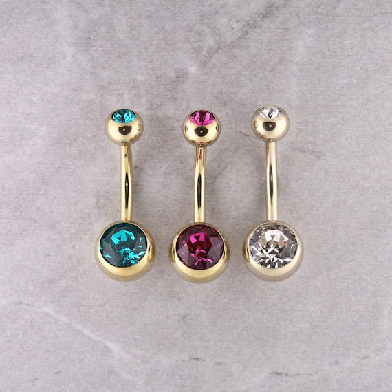 Gold Belly Ring Navel Jewelry Set With Swarovski Crystals 10kt