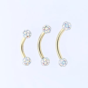 Gold Rook Piercing, Daith, Eyebrow- with Multi colour 2.5mm Swarovski Crystals Balls - 14kt PVD Over 316L Surgical Steel  16g - 6,8 and 10mm