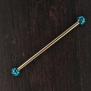 Gold Industrial Cartilage Helix Barbell-14kt PVD Over 316L Surgical Steel With Turquoise 4mm Swarovski Crystals Balls14g - 33,35,37 and 39mm