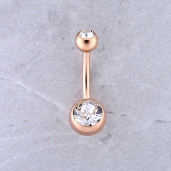Rose Gold Double Gem Belly button ring Navel Jewelry Set With Swarovski Cz Rose Gold PVD Over SS316L 14G -8mm - 10mm