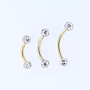Gold Rook Piercing, Daith, Eyebrow Jewelry With White 2.5mm Swarovski Crystals Balls - 14kt PVD Over 316L Surgical Steel  16g - 6,8 and 10mm