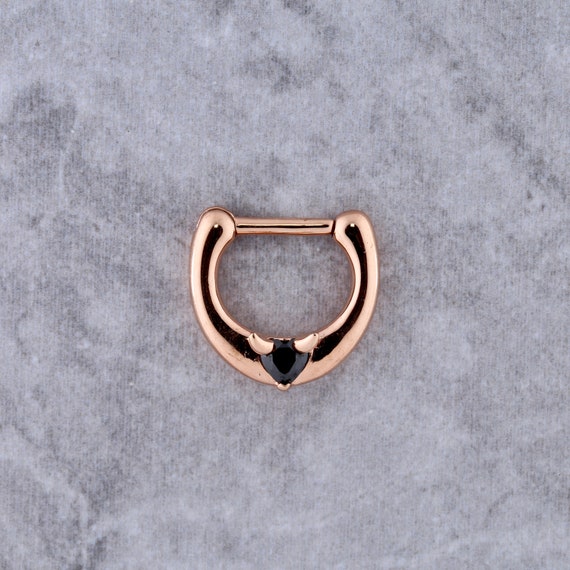 Rose Gold Devil Heart Cz Septum Clicker Ring PVD Over Surgical