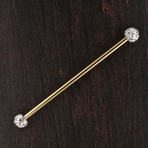 Gold Industrial Cartilage Helix Barbell - 14kt PVD Over 316L Surgical Steel With White 4mm Swarovski Crystals Balls  14g - 33,35,37 and 39mm