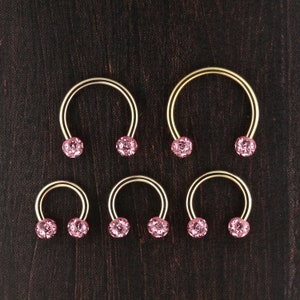 Gold Daith ring,Septum,Helix, Tragus Jewelry / 2.5mm Pink Swarovski Crystals Circular Bar- 10kt PVD Over Surgical Steel 16g - 6,7,8,10,12mm