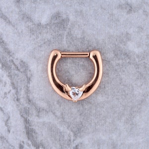 Rose Gold Devil Heart cz Septum Clicker Ring PVD over Surgical Steel  16G - 6 or 8mm
