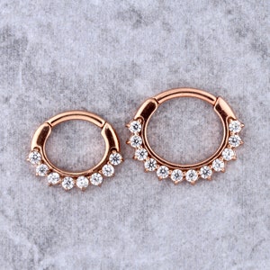 Rose Gold Septum Piercing Daith Helix Cartilage Clicker Hinged Ring Set with Swarovski Cz Rose Gold PVD Over Surgical Steel 16G - 6mm or 8mm