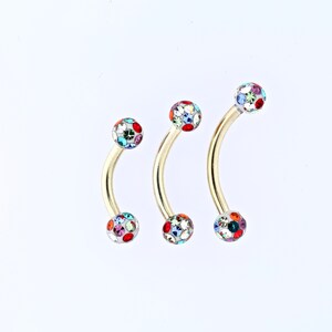 Gold Rook Piercing, Daith, Eyebrow Jewelry/ Aurora B. 3mm Swarovski Crystals Balls - 14kt PVD Over 316L Surgical Steel  16g - 6,8 and 10mm