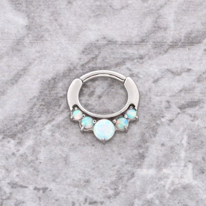 May include: A silver hoop earring with five white opal stones set in a row around the hoop.