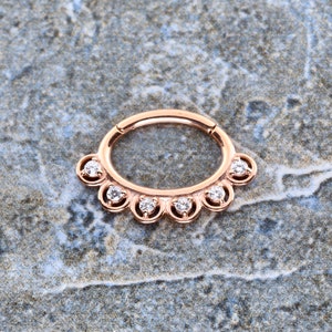 Beautiful Rose Gold Septum Clicker, Daith Clicker Ring Jewelry set with White Swarovski cz Rose Gold PVD over 316L Surgical Steel 16g - 7mm