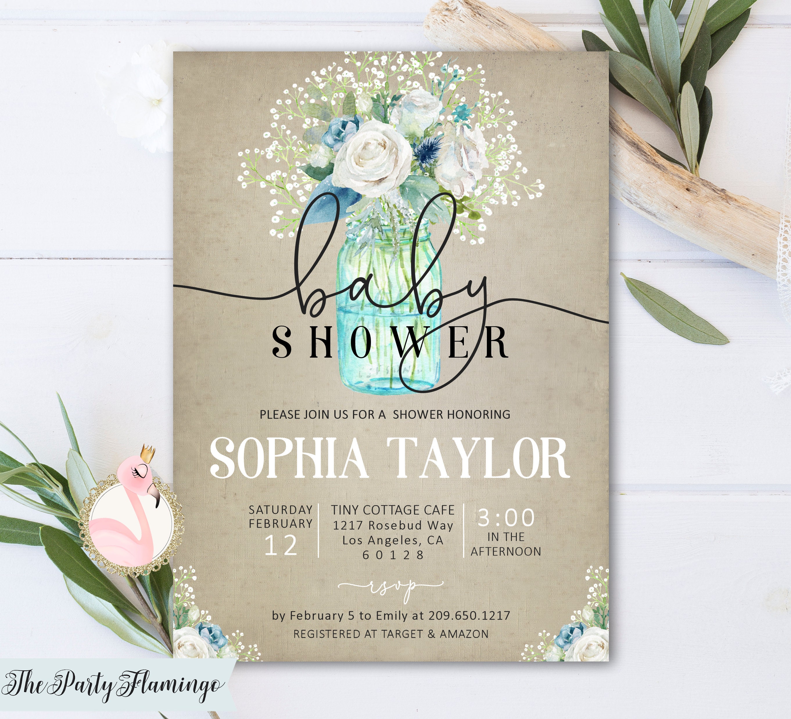 Digital File or Printed Set Available Blue Floral Sprinkle Shower Invitation Classic Baby Shower Invitation