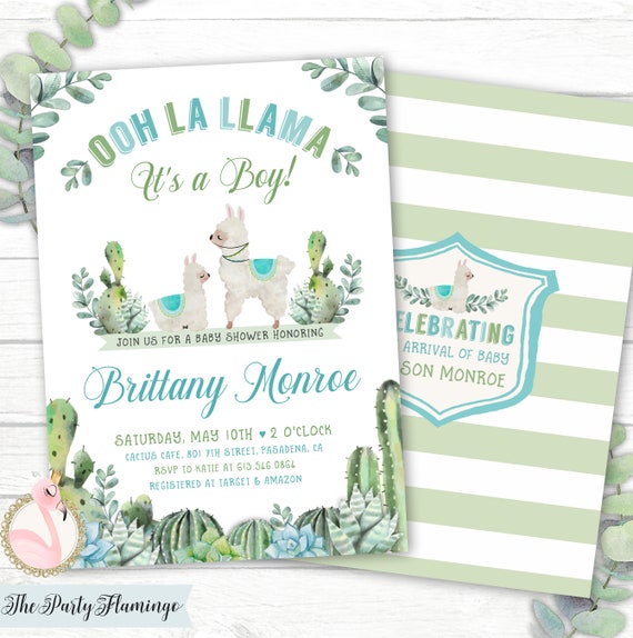 llama and cactus baby shower invitations
