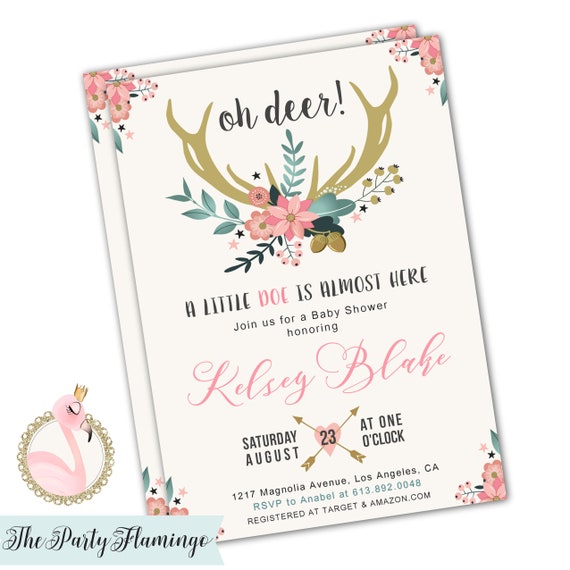 Oh Deer Baby Shower Invitation Girl Printable Or Digital A Little Doe Is Almost Here Boho Antlers Invitations