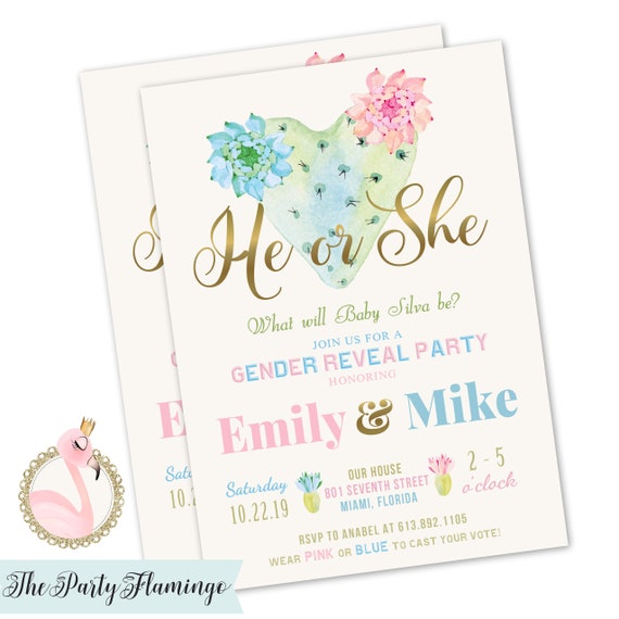 succulent cactus themed Gender Reveal Fiesta invitation printed invitations min order of 20
