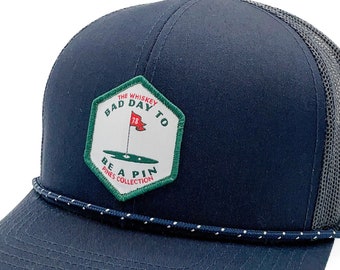 Dark Navy "Bad Day to Be A Pin" Rope Trucker Hat | Georgia Golf Course | Beer Whiskey Drinking | Summer | Patch | Golf Cart | Scorecard