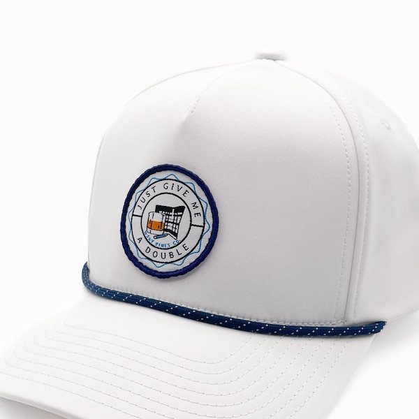 White "Just Give Me a Double" Rope Trucker Hat | Georgia Golf Course | Beer Whiskey Drinking | Summer | Patch | Cart | Scorecard