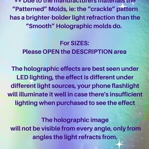 May include: A digital image with a gradient background of blue, purple, and green. Text in purple and white font provides product details, including lighting requirements for holographic effects and instructions to open the description area for sizes.