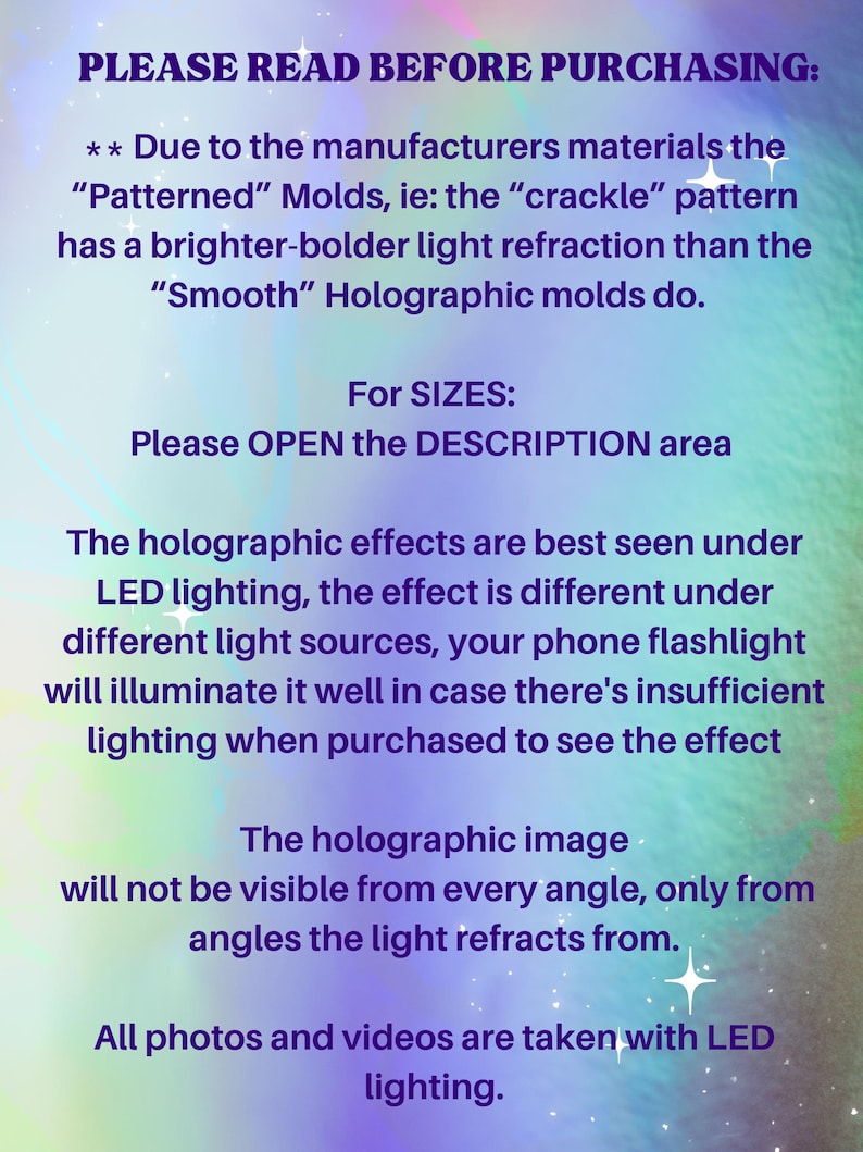 May include: A digital image with a gradient background of blue, purple, and green. Text in purple and white font provides product details, including lighting requirements for holographic effects and instructions to open the description area for sizes.