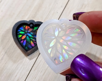 Holographic Flower Heart Pendant Silicone Mold, Resin Mold
