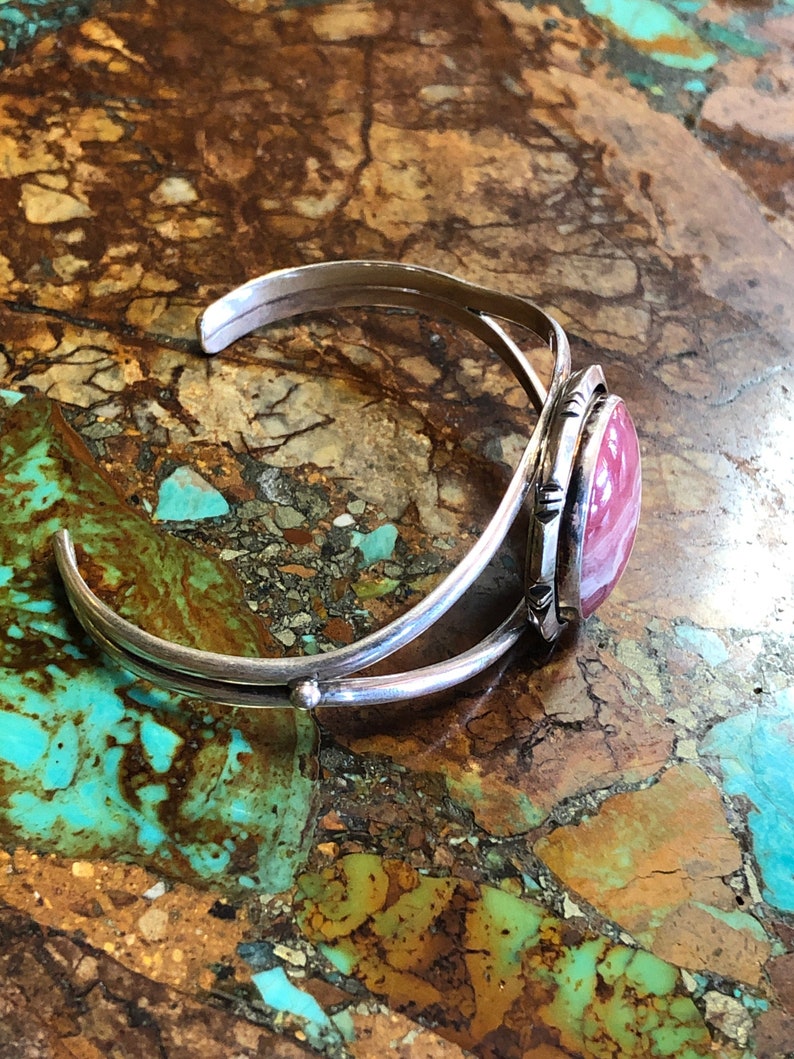 Pink Rhodochrosite Sterling silver Adjustable Cuff Bracelet Navajo Handmade