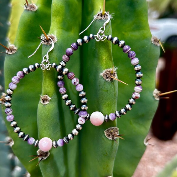 Pink Conch and Wampum Quahog Shell + Sterling Silver Navajo Pearl Hoop Earrings