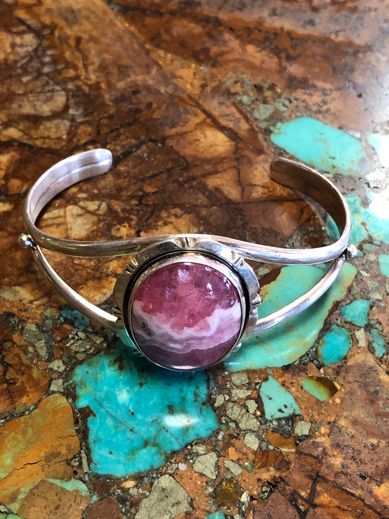 Pink Rhodochrosite Sterling silver Adjustable Cuff Bracelet Navajo Handmade