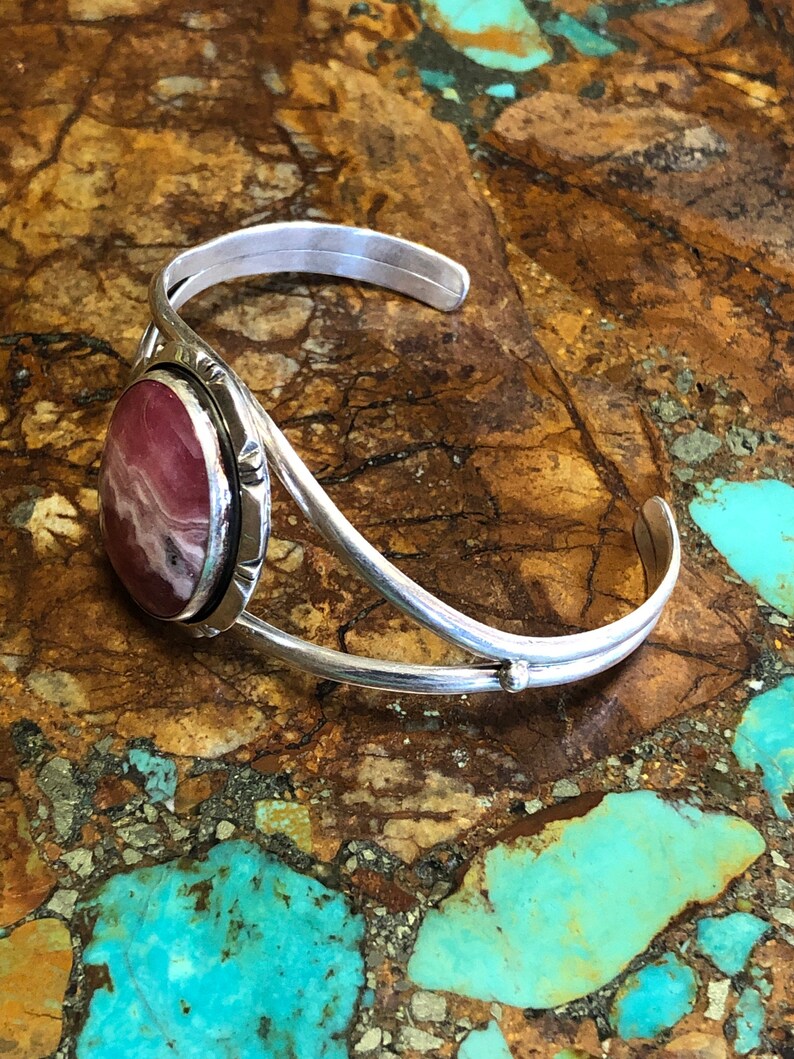 Pink Rhodochrosite Sterling silver Adjustable Cuff Bracelet Navajo Handmade