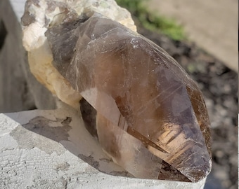 Smoky Quartz on Orthoclase Crystal Specimen from Malawi