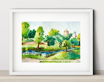 Giclée Print of Summer Light / Watercolor Wall Art / Nature Illustration / Sketch at the Pond / Trees / Pond / Country