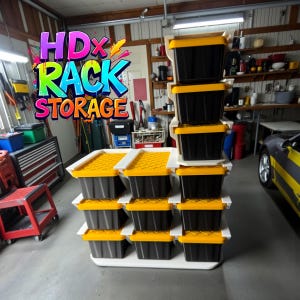 May include: A storage rack system with black bins and yellow lids. The text "HDx RACK STORAGE" is displayed in a colorful, graffiti-style font. The bins are stacked on a white rack, suitable for garage or workshop organization.