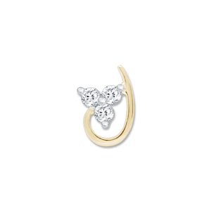 May include: A gold nose ring with three small, clear diamonds set in a triangular shape.