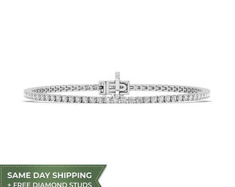 2 CTW Natural Diamond Tennis Bracelet | 14K White Gold | 7 Inch Women's Bracelet | Ready to Ship | Free Diamond Stud Earrings