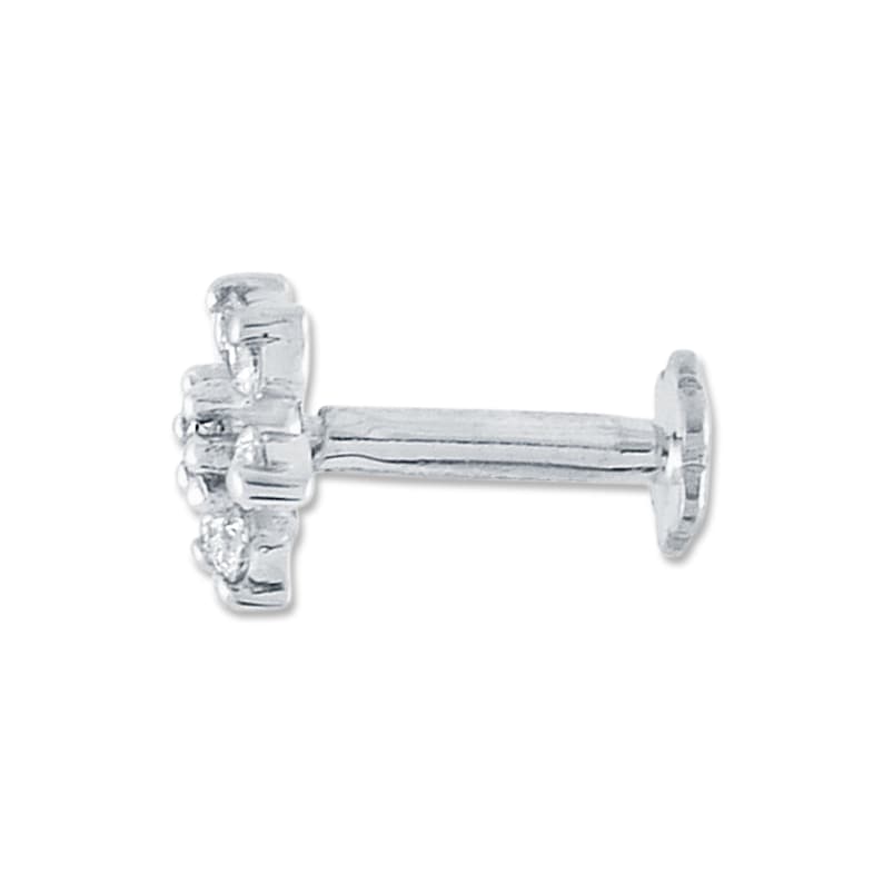 May include: A silver nose stud with a flower-shaped design featuring small clear stones.