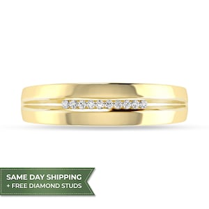 Men's Natural Diamond Wedding Band | 0.05 CTW Round Cut Diamond Ring | 10K Yellow Gold Anniversary Band | Free Gift Diamond Earrings