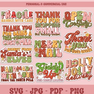 Naklejki świąteczne z podziękowaniami SVG PNG Bundle, Groovy Holiday Packaging Stickers, Etykiety z podziękowaniami do druku i cyfrowe dla małych firm