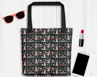 Uterine Cancer Fight Warrior Tote Bag Uterine Cancer Support GiftUterine Cancer Survivor Gift Uterine Cancer Awareness Gift Peach Ribbon