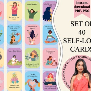 Tarjetas digitales de amor propio, recordatorios de cuidado personal listos para imprimir, conjunto de tarjetas de afirmación de autoestima, citas positivas, descarga digital de autoestima