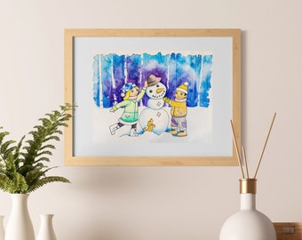 Snowman Building / ART PRINT, Pupazzo di neve, Coppia Arte, Inverno, Paese delle Meraviglie invernale, Neve, Illustrazione, Persone, Paesaggio, 2021